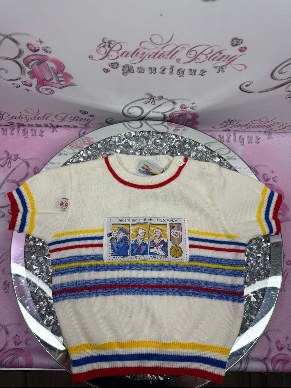 PENG PENG 1943 u.s.s Iowa Cream Striped Crewneck Sweater Nautical Patch battle